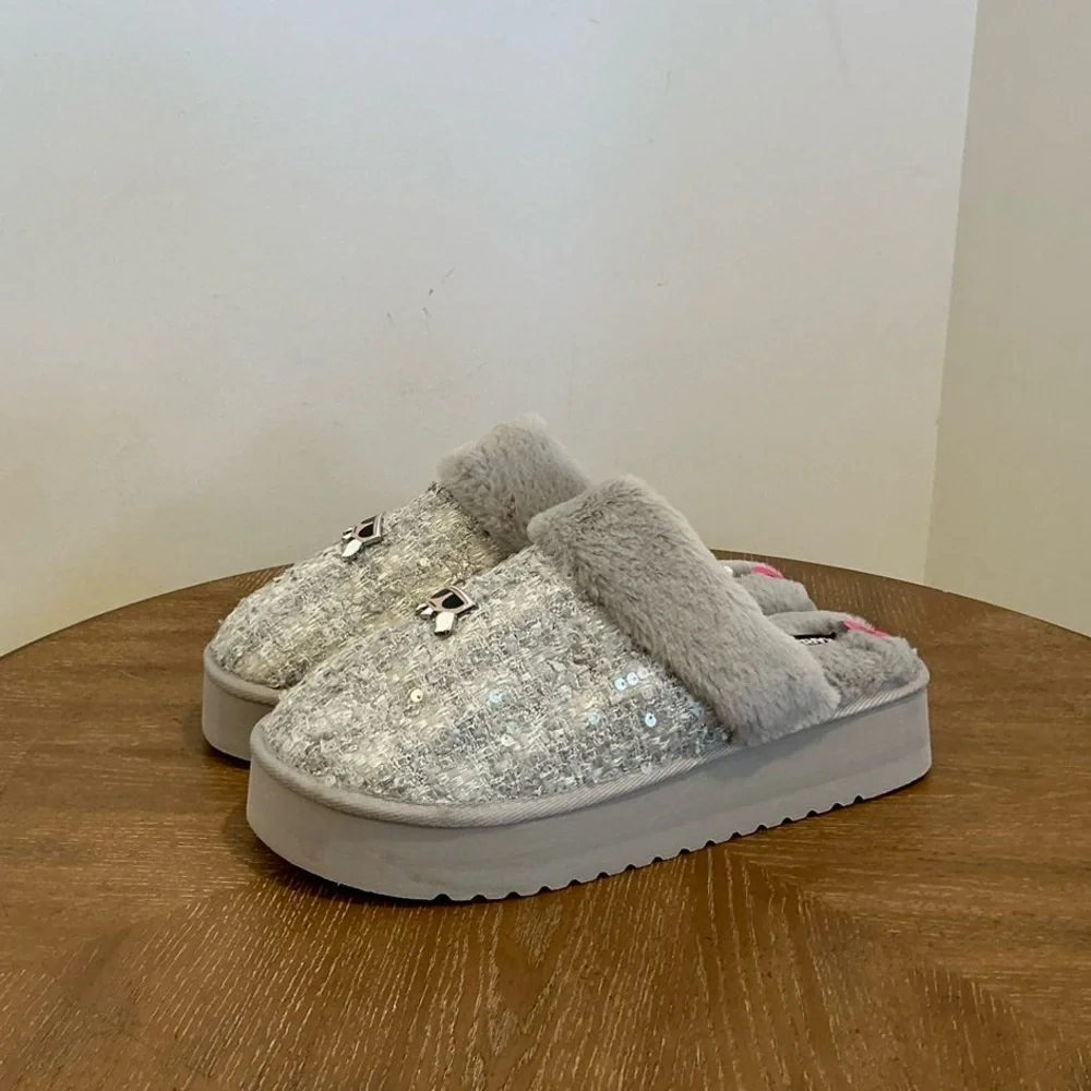 Karl Lagerfeld Hessa Tweed Gold Faux Fur Trim Platform Slides